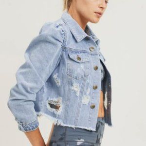 Distressed Demin Cropped Jacket w/ Puffed Sleeves